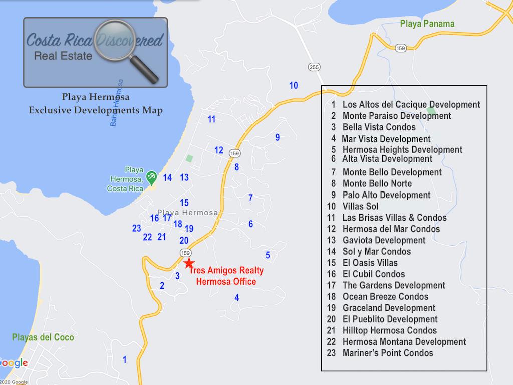 Map of real estate developments in playa hermosa costa rica