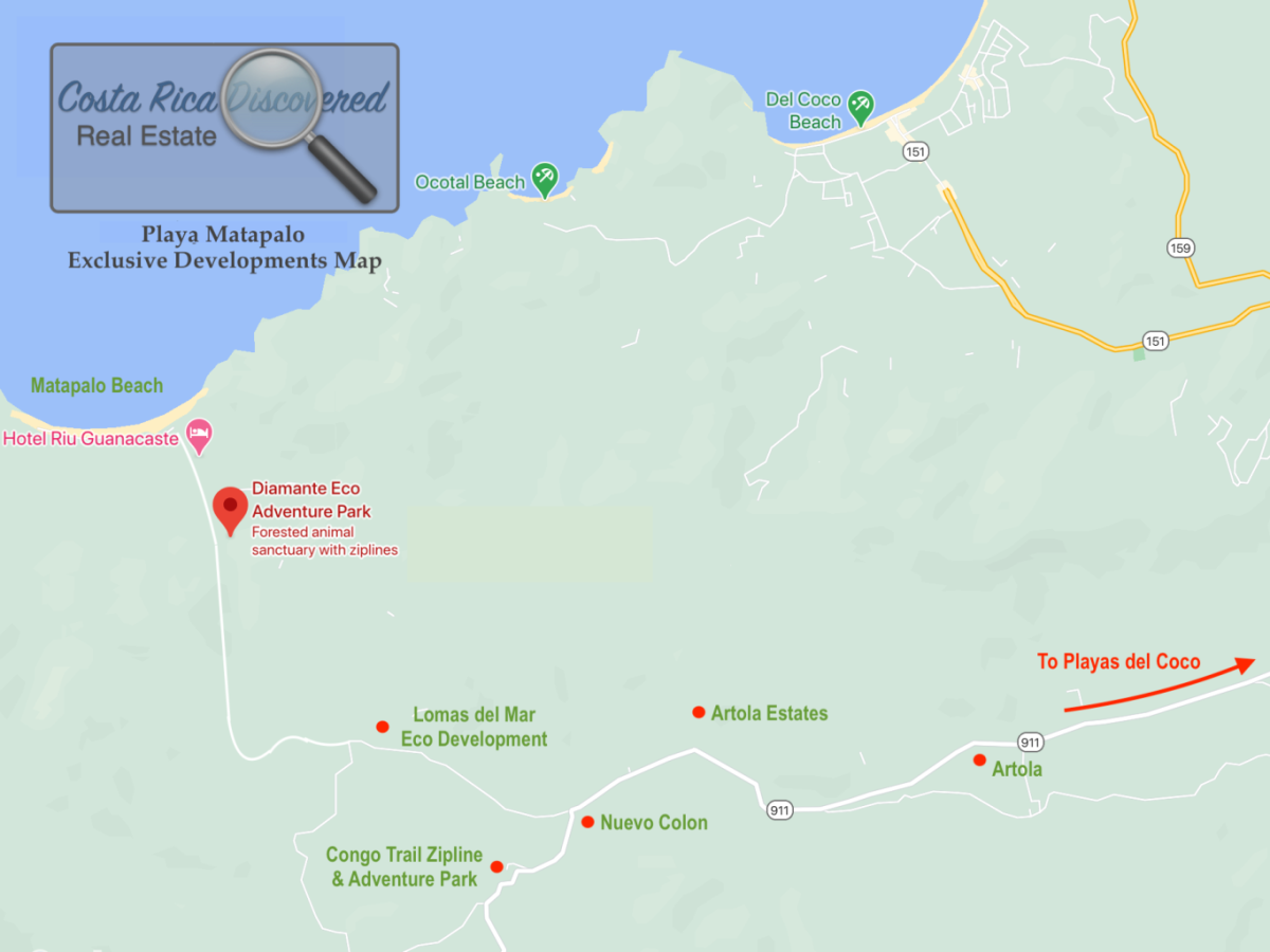 Map of real estate developments in playa matapalo costa rica
