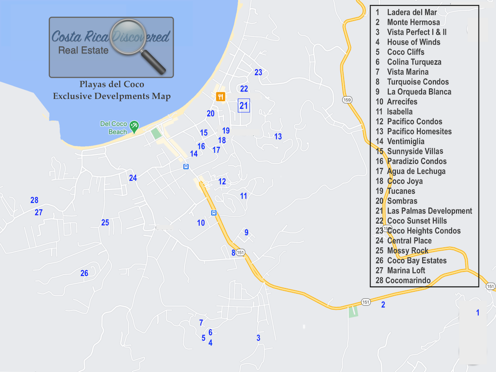 Map of real estate developments in Playas del Coco